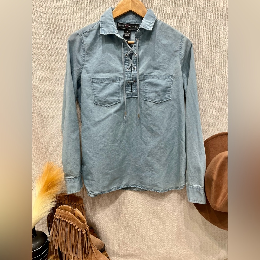 Polly & Esther Denim Lace-up Top